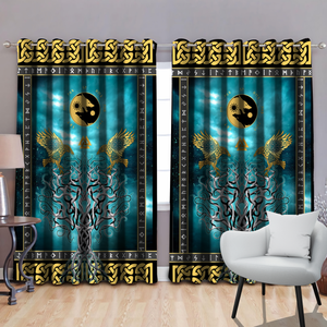 Vikings - Tree Of Life Fenrir Skoll And Hati Raven Rune Thermal Grommet Window Curtains-Curtains-HP Arts-52'' x 63''-Vibe Cosy™