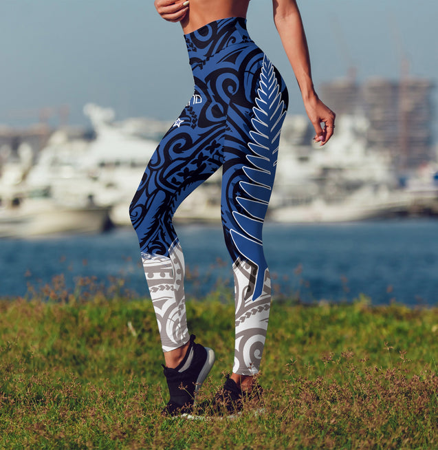 New Zealand Maori Fern Blue Edition High Waist Leggings-Apparel-HD09-Legging-S-Vibe Cosy™