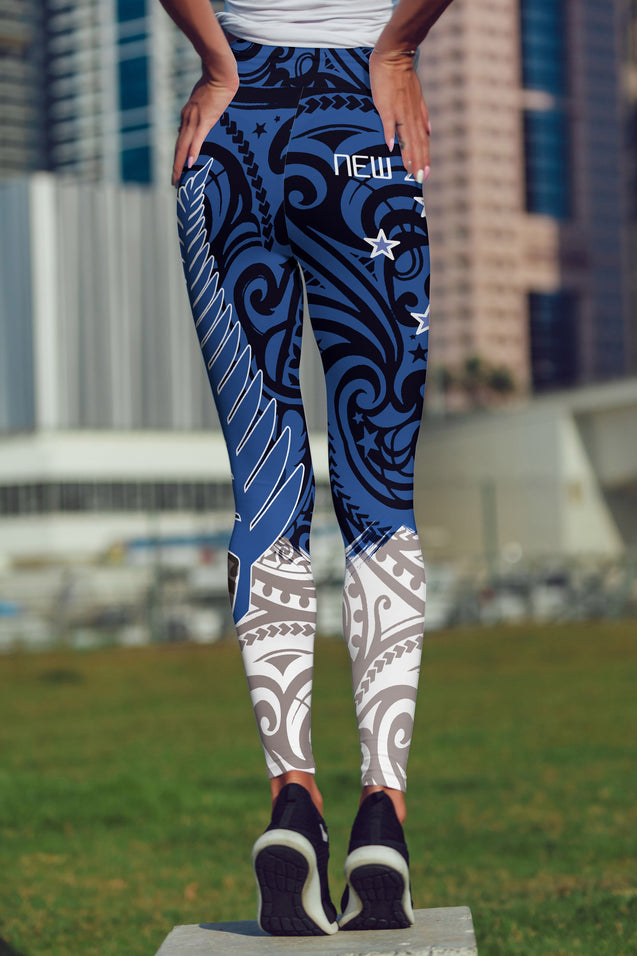 New Zealand Maori Fern Blue Edition High Waist Leggings-Apparel-HD09-Legging-S-Vibe Cosy™