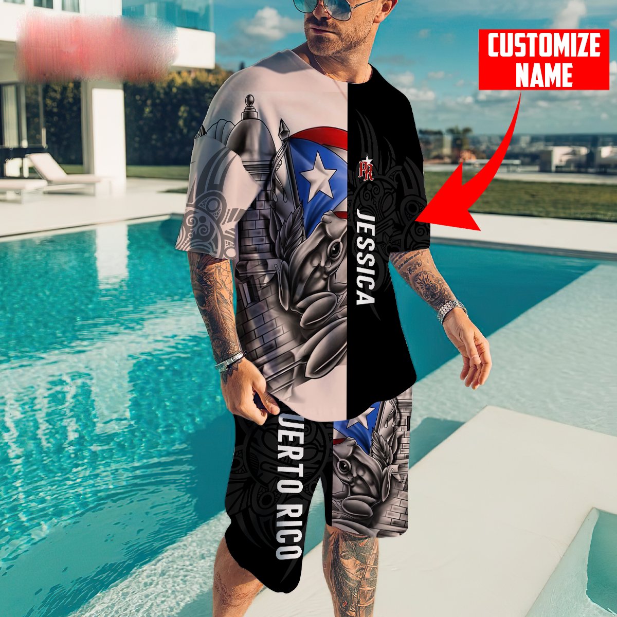 Customize Name Coquí Puerto Rico Combo T-Shirt And Board Short