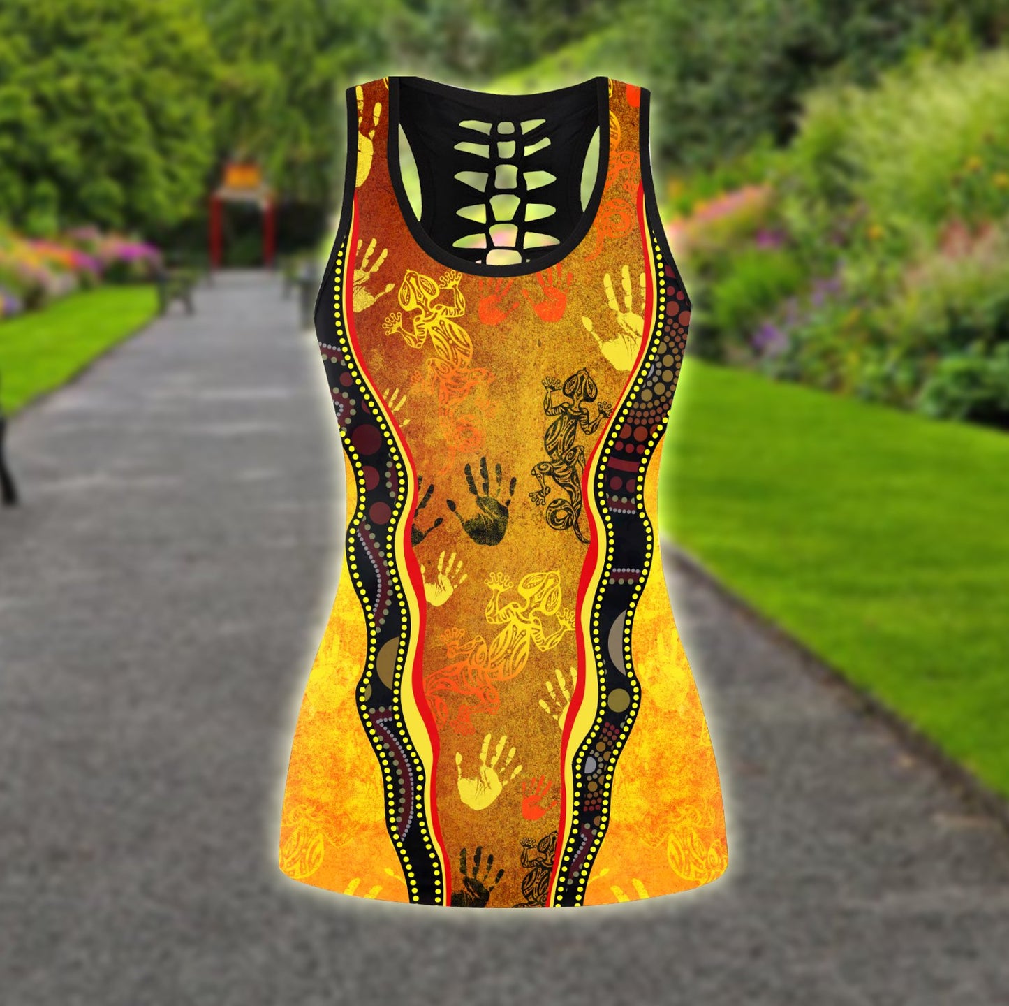 Aboriginal Australia Rock Painting Hand Lizard Art Golden Style Combo (Legging+Tank) TR2606201S-Apparel-Huyencass-No Legging-S-Vibe Cosy™