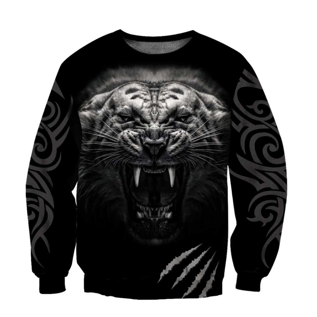 3D Tattoo White Tiger Over Printed Hoodie