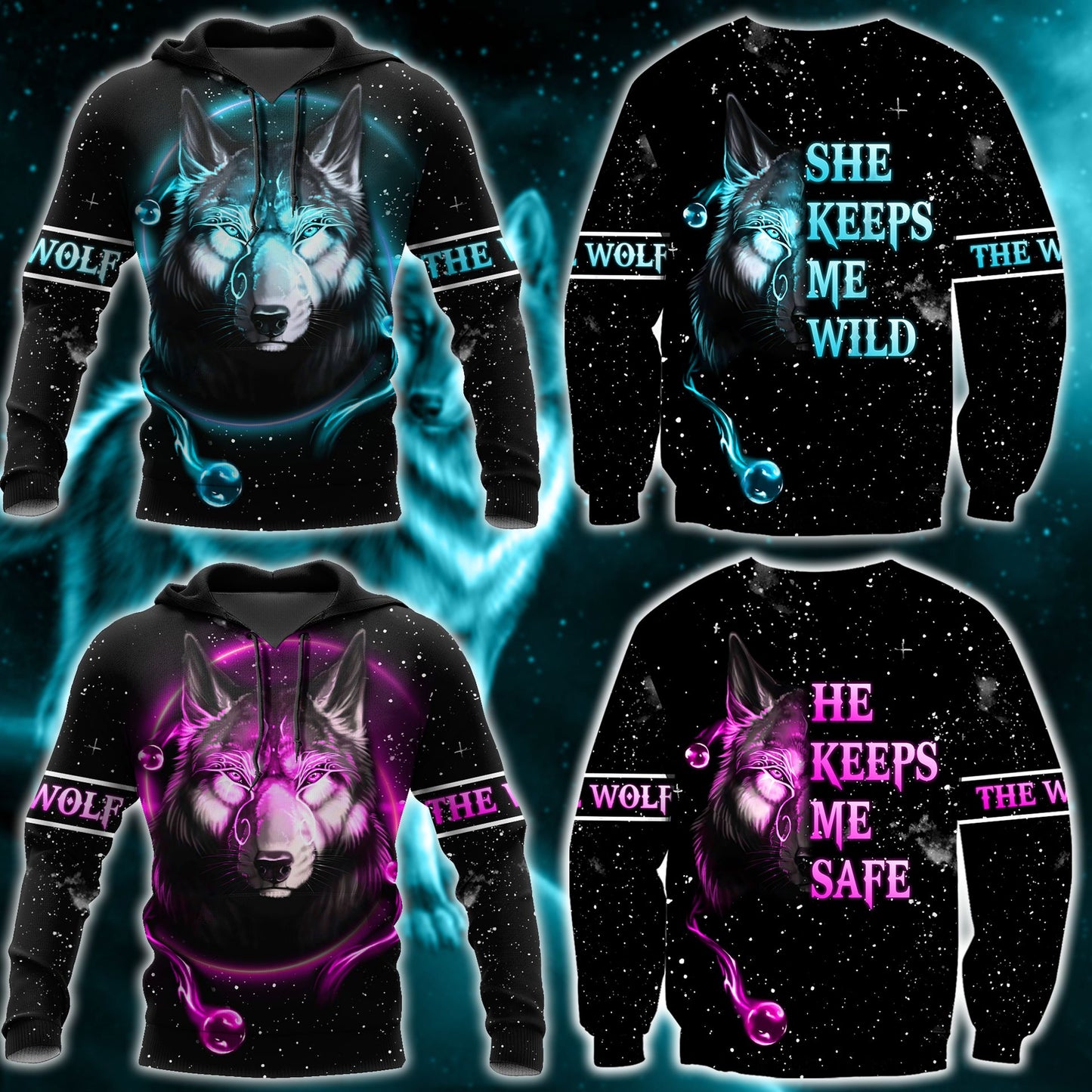 Love Gift Unisex All Over Printed Wolf Couple Hoodie MEI