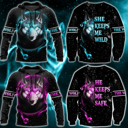 Love Gift Unisex All Over Printed Wolf Couple Hoodie MEI