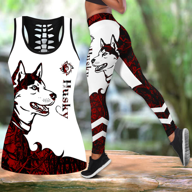 Husky red tattoos legging + hollow tank combo DD08112002