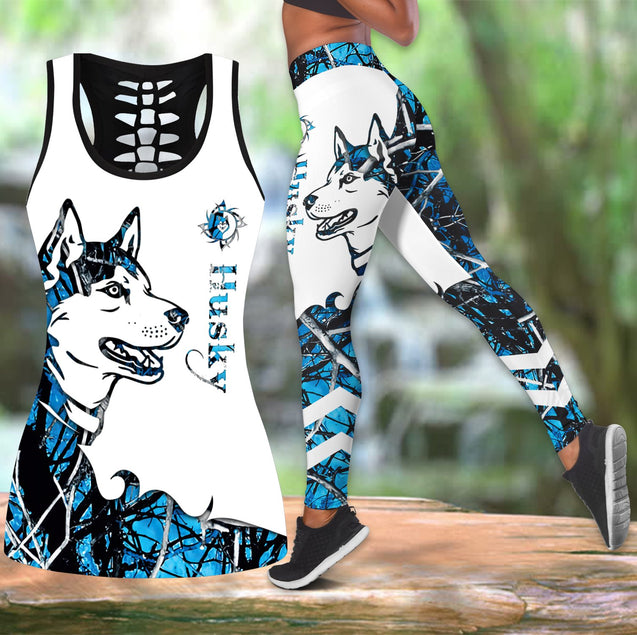 Husky blue tattoos legging + hollow tank combo DD08122001S1