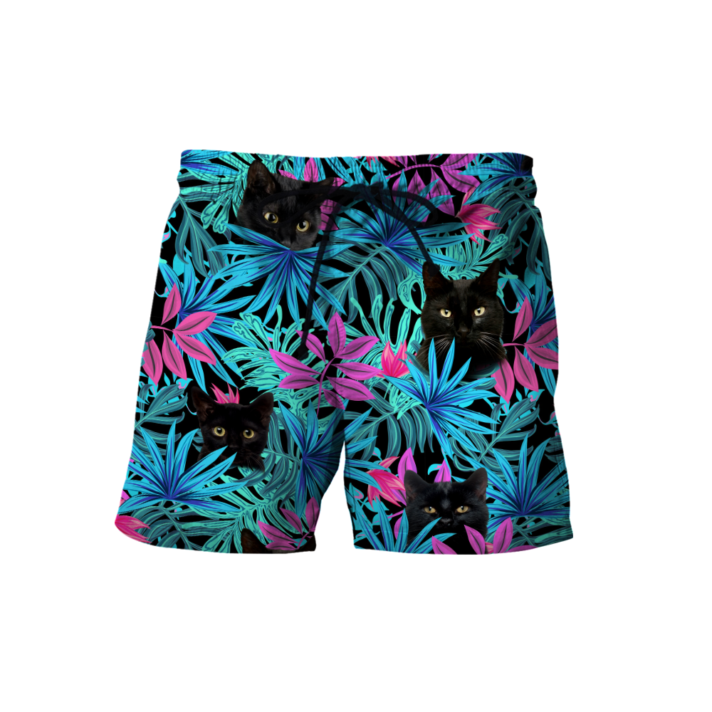 Black cat tropical leaves men's shorts HG7700-Apparel-HG-Shorts-S-Vibe Cosy™