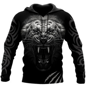 3D Tattoo White Tiger Over Printed Hoodie