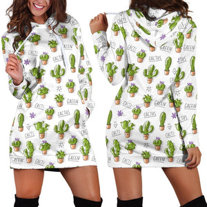 All Over Printing Green Cactus Hoodie Dress-Apparel-Phaethon-Hoodie Dress-S-Vibe Cosy™