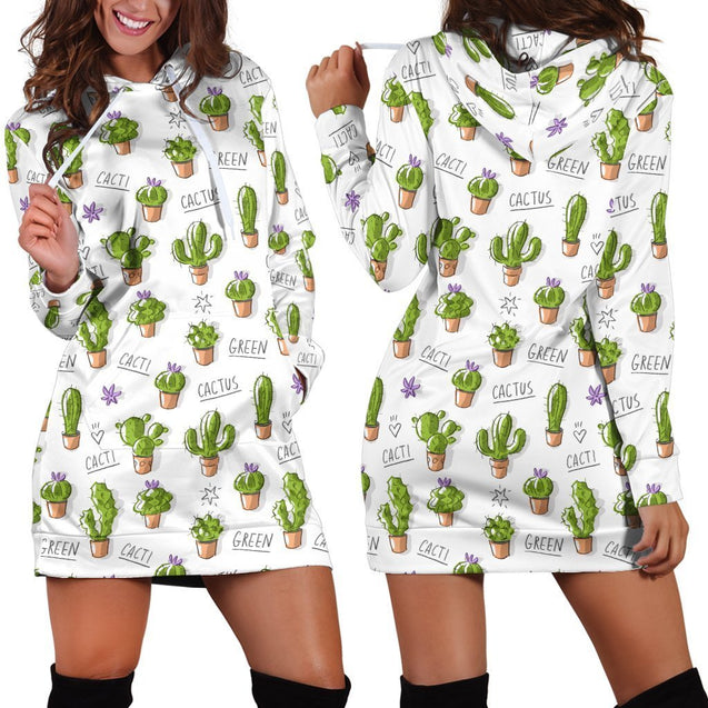 All Over Printing Green Cactus Hoodie Dress-Apparel-Phaethon-Hoodie Dress-S-Vibe Cosy™