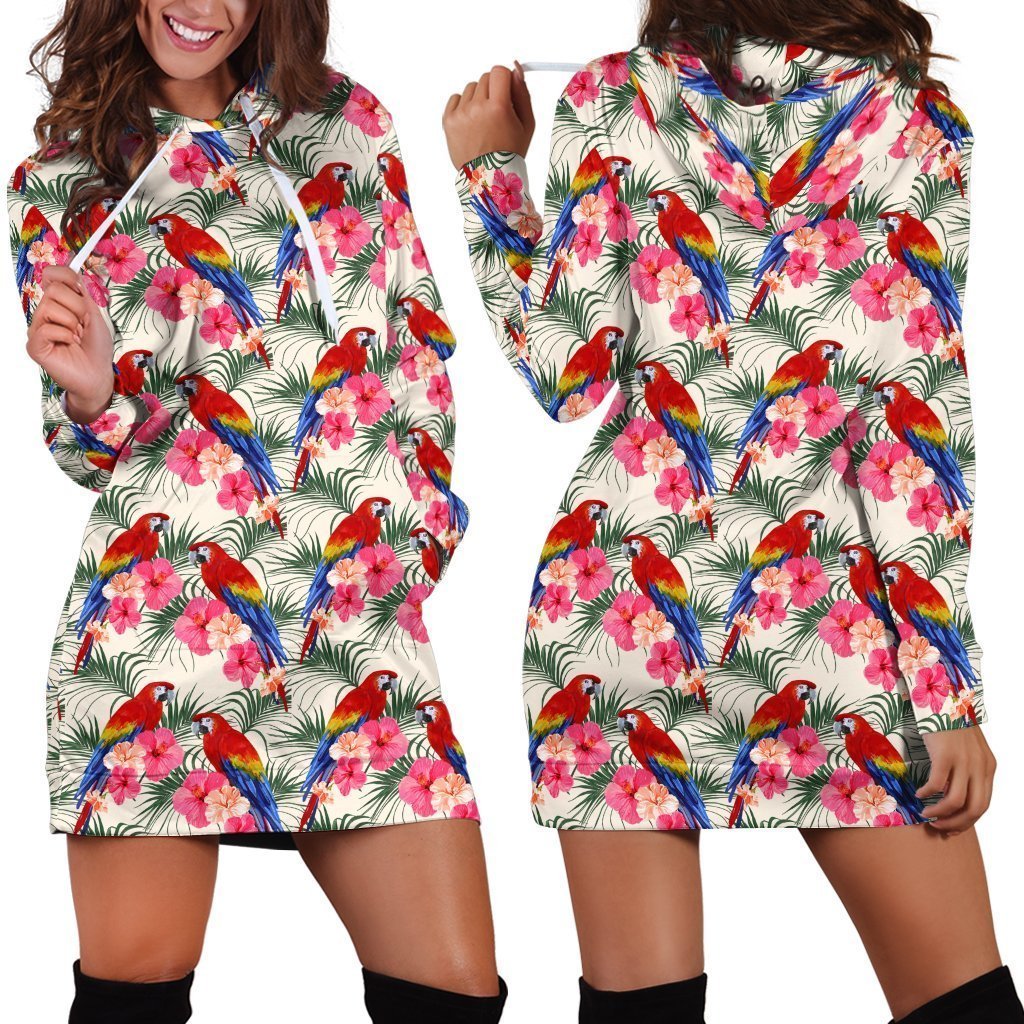 All Over Printing Scarlet Macaw And Flower Hoodie Dress-Apparel-Phaethon-Hoodie Dress-S-Vibe Cosy™
