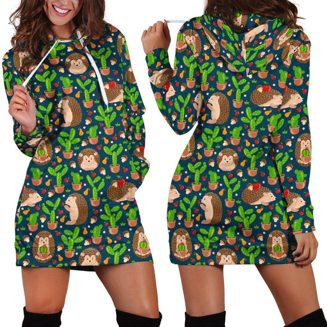 All Over Printing Scarlet Hedgehog And Cactus Hoodie Dress-Apparel-Phaethon-Hoodie Dress-S-Vibe Cosy™