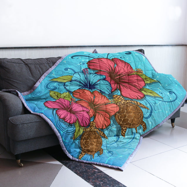 Hibiscus Ocean Quilt Blanket - AH - J4-QUILT BLANKETS-PodEz-Twin-White-100% Cotton-Vibe Cosy™