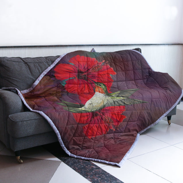 Hawaii Hibiscus And Bird Quilt Blanket J9-QUILT BLANKETS-PodEz-Twin-100% Cotton-White-Vibe Cosy™
