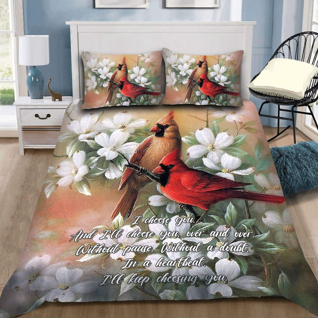 Love Gift I Choose You Cardinal Couple and Flowers Bedding Set MEI