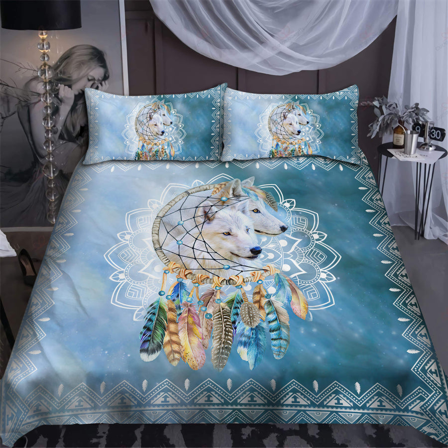 Love Gift Native American White Wolf Couple Bedding Set MEI