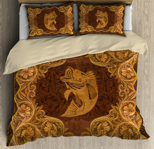 Love Bass Fish antique golden frame 3d printed Bedding set