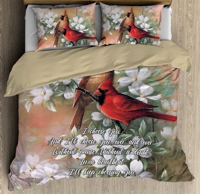 Love Gift I Choose You Cardinal Couple and Flowers Bedding Set MEI