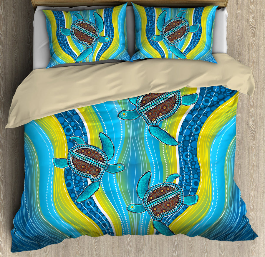 Aboriginal Bedding Set, Australia Indigenous Blue Turtles Painting Art Bedding Set TR3006201