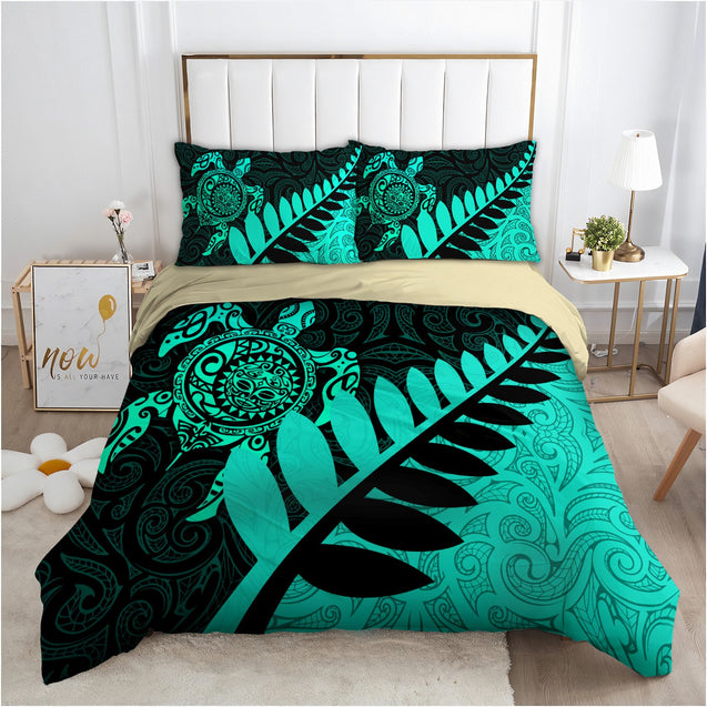 New Zealand Bedding Set - Aotearoa Maori Turtle Silver Fern Turquoise TR1407203