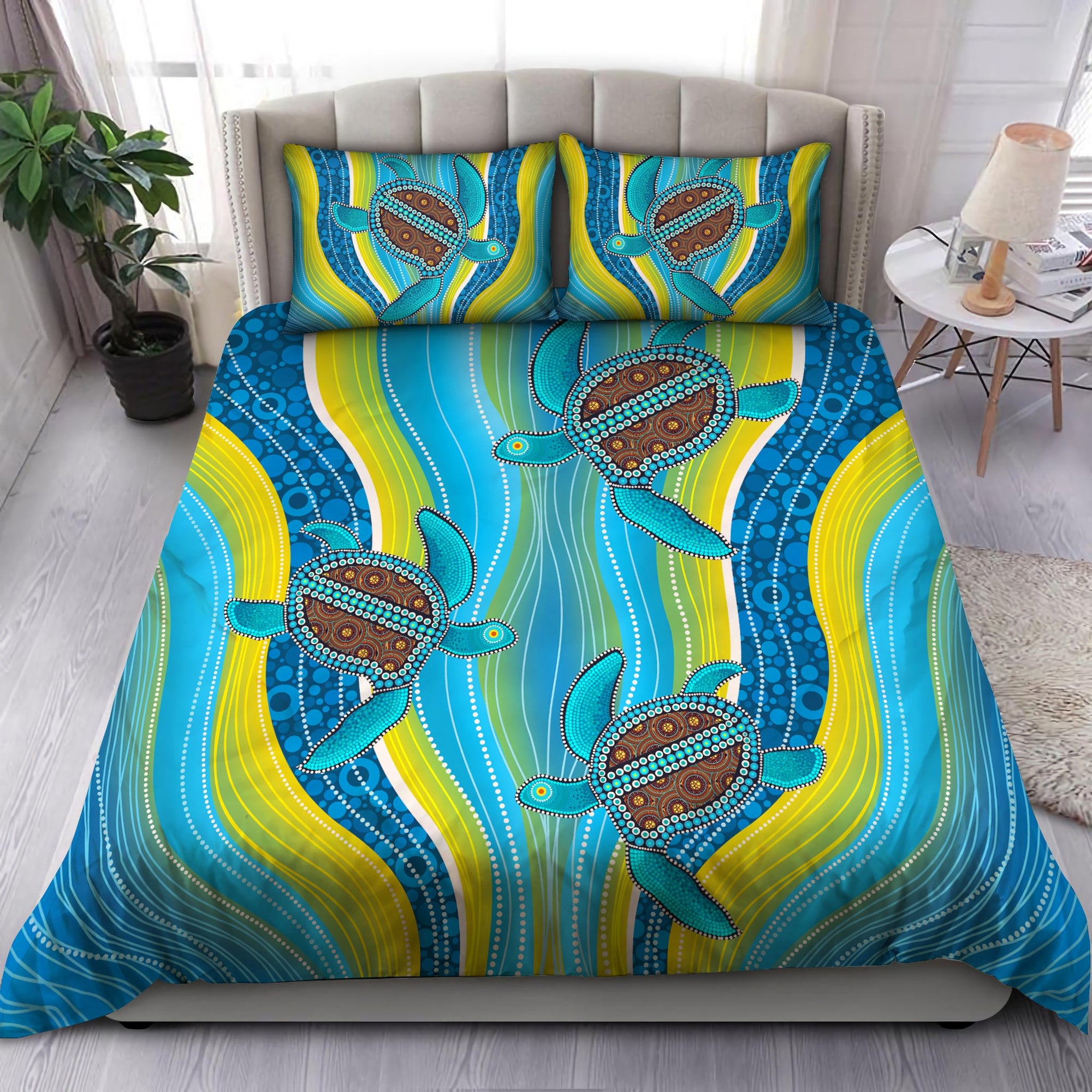 Aboriginal Bedding Set, Australia Indigenous Blue Turtles Painting Art Bedding Set TR3006201