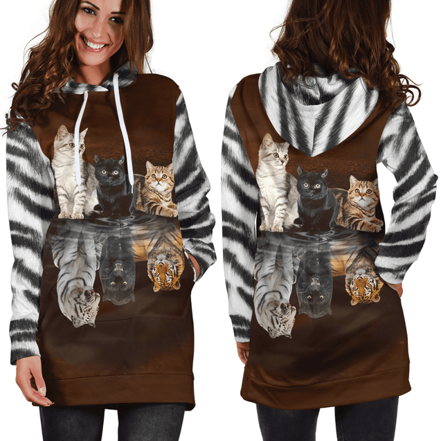 Three Cute Cats On The Mirror Hoodie Dress For Women TQH201005