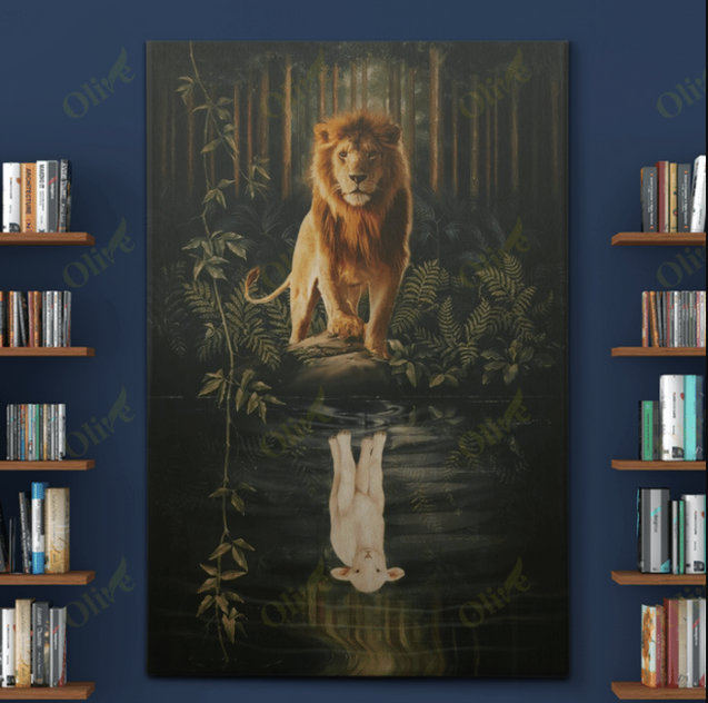 Lion and sheep - Awesome reflection Canvas Poster Vertical