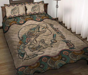 Northern Pike Fishing Mandala Vintage quilt bedding set