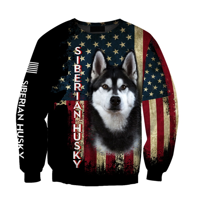 Black Husky Siberian American Flag 3D All Over Print Hoodie