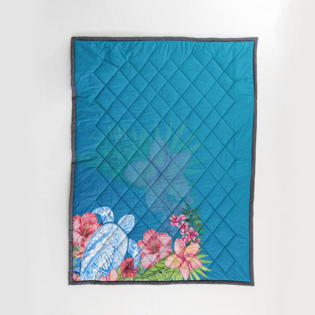 Blue Polynesian Turtle Quilt Blanket - AH - J4-QUILT BLANKETS-PodEz-Twin-White-100% Cotton-Vibe Cosy™