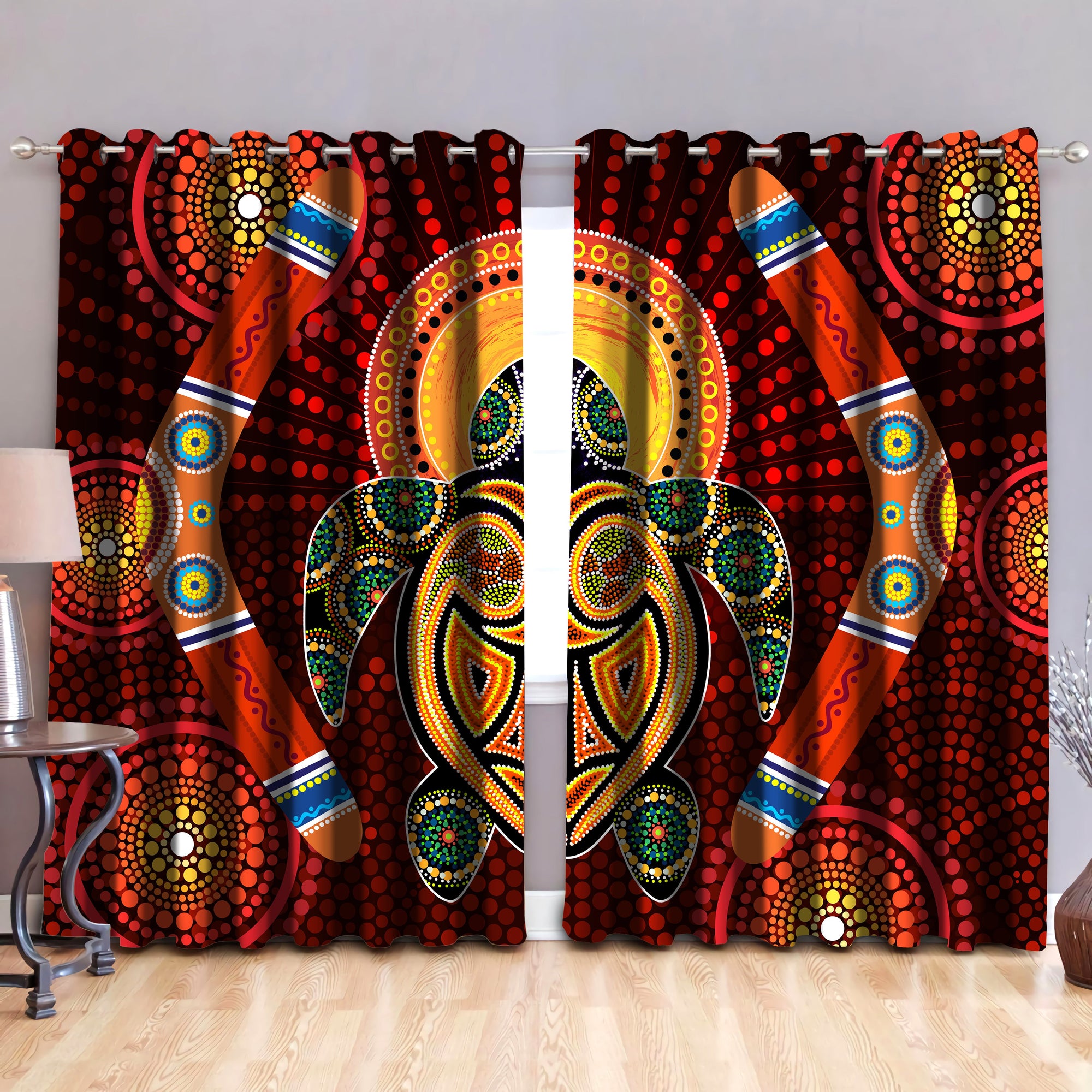 Aboriginal Turtle Boomerangs Indigenous Painting Art Thermal Grommet Window Curtains-Curtains-Huyencass-52'' x 63''-Vibe Cosy™