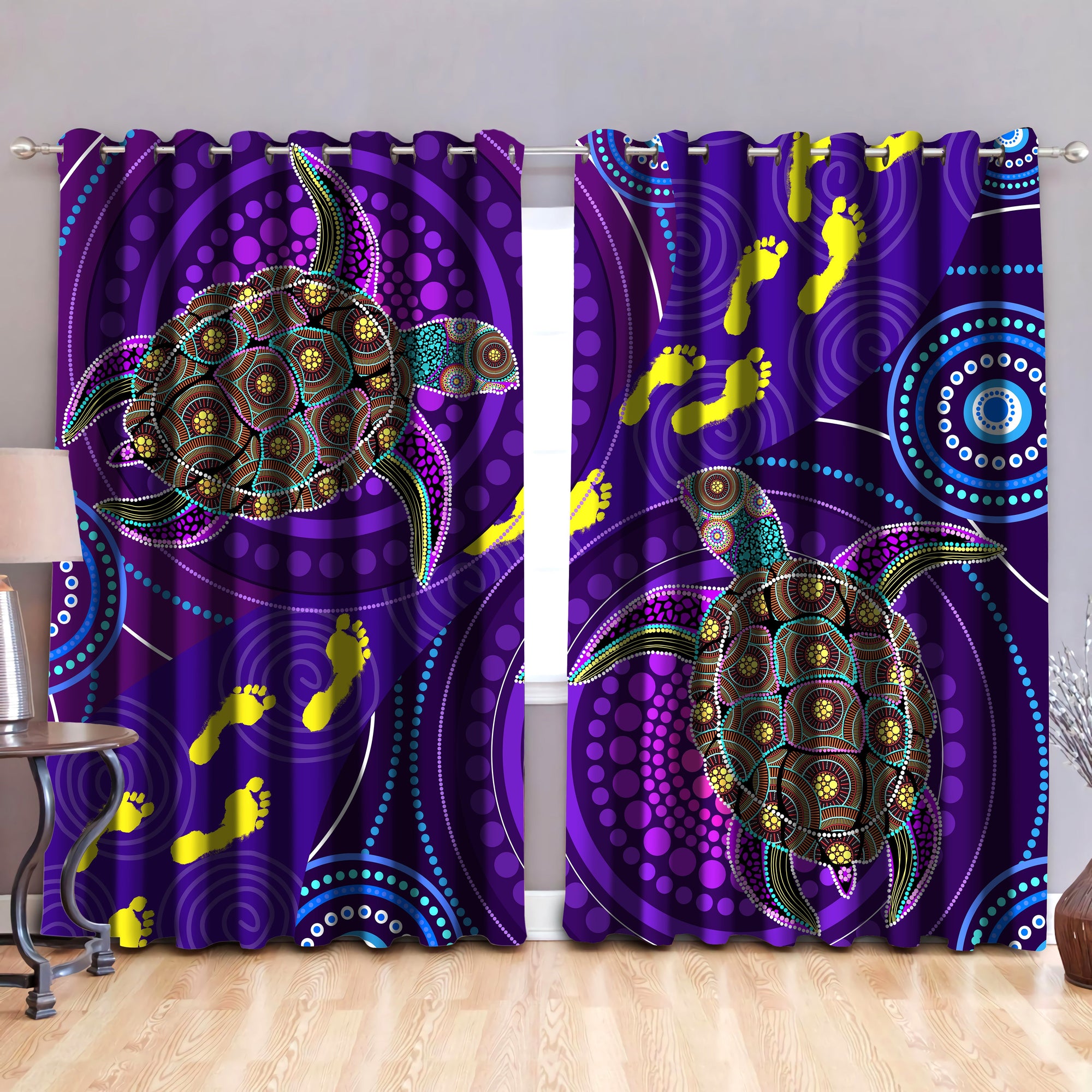 Aboriginal Purple Turtles Indigenous Painting Art Thermal Grommet Window Curtains-Curtains-Huyencass-52'' x 63''-Vibe Cosy™