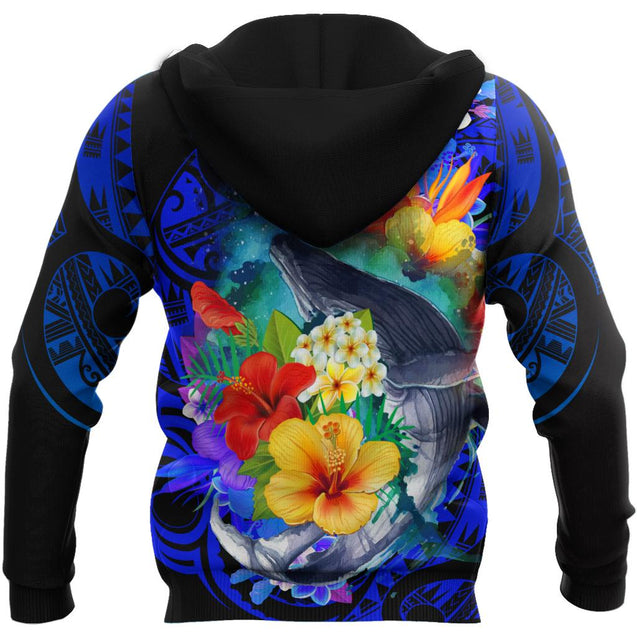 Amazing Kanaka Maoli Humpback Whale with Tropical Flowers Hoodie Tshirt for Men and Women-ML