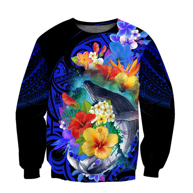 Amazing Kanaka Maoli Humpback Whale with Tropical Flowers Hoodie Tshirt for Men and Women-ML