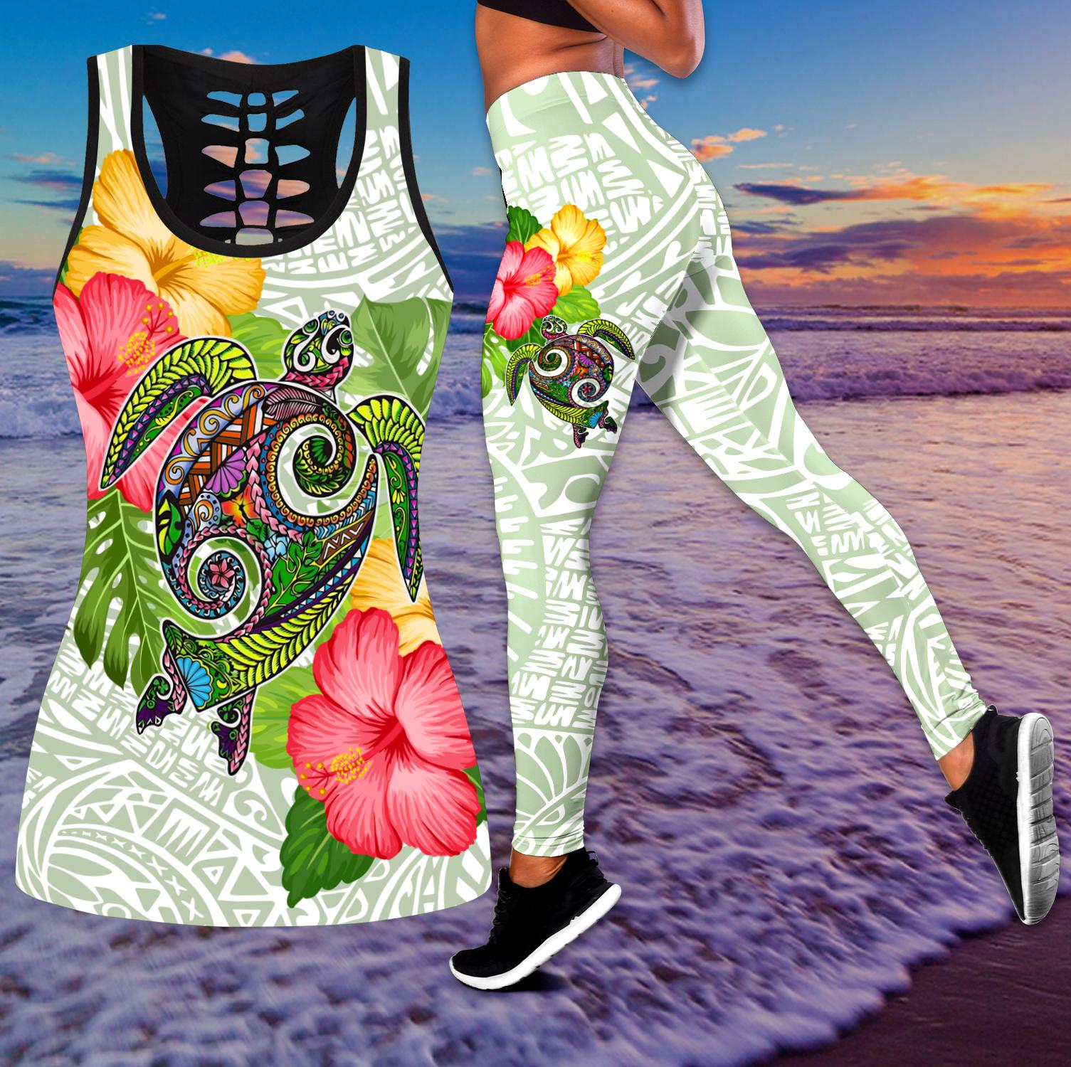 Amazing Fall In The Wave Polynesian 3D Over Printed Legging & Tank top-ML