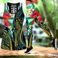 Amazing Polynesian Turquoise - Gold Tribal Pattern and Hisbiscus Plumeria Legging & Tank top-ML