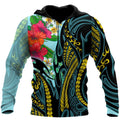 Amazing Polynesian Turquoise - Gold Tribal Pattern and Hisbiscus Plumeria Hoodie for Men and Women-ML