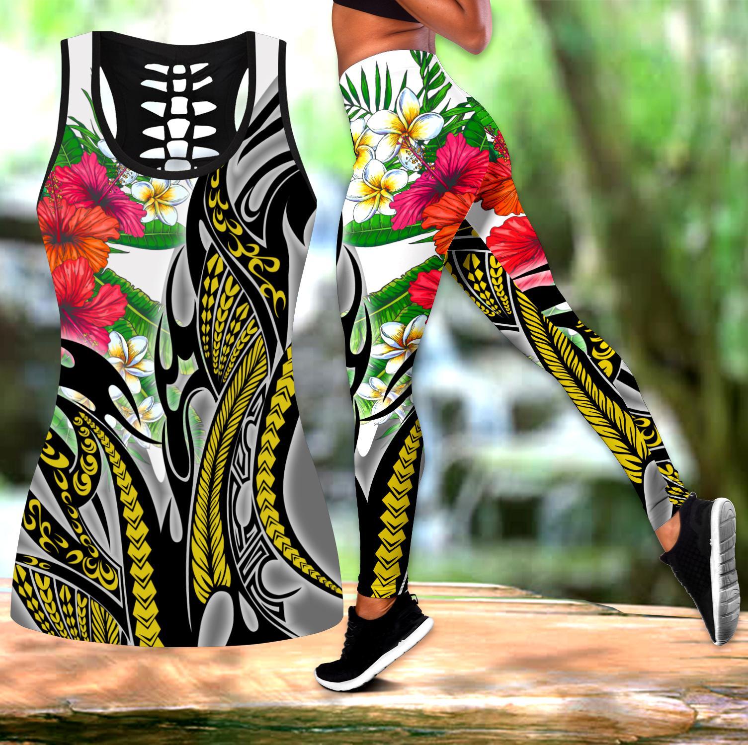 Amazing Polynesian Turquoise Gold Tribal Pattern and Hisbiscus Plumeria Legging & Tank top-ML