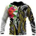 Amazing Polynesian Turquoise Gold Tribal Pattern and Hisbiscus Plumeria Hoodie for Men and Women-ML