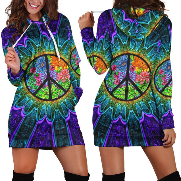 Colorful Peace Hippie Hoodie Dress TQH201001