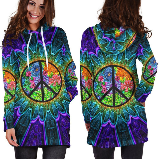 Colorful Peace Hippie Hoodie Dress TQH201001