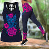 Cat & Flower tattoos combo outfit legging + hollow tank for women PL