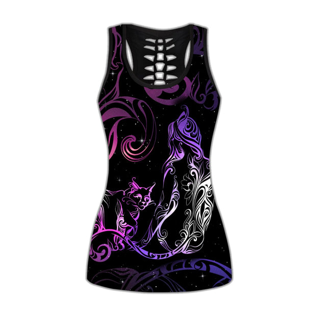 Cat & Girl tattoos combo outfit legging + hollow tank for women PL