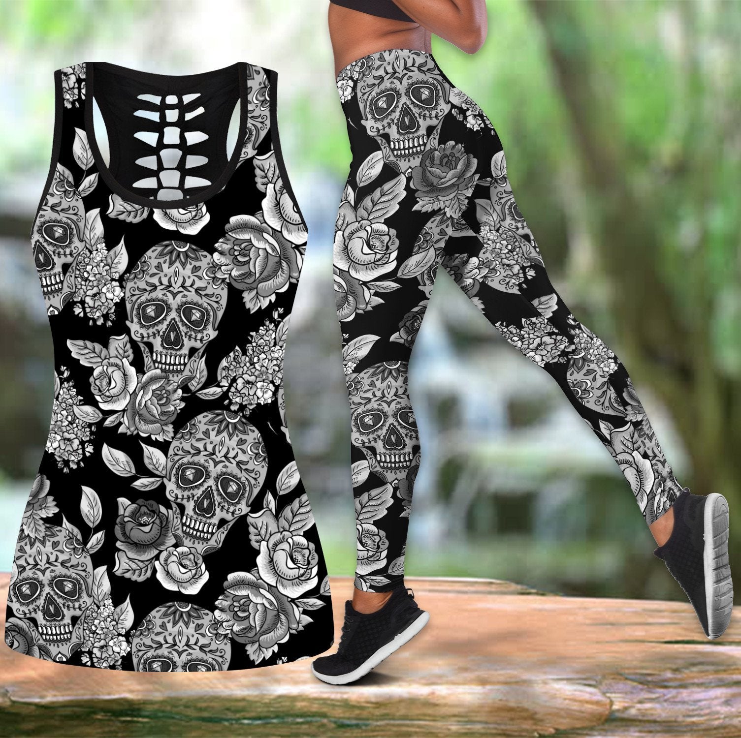 Skull flower tattoos legging + hollow tank combo outfit