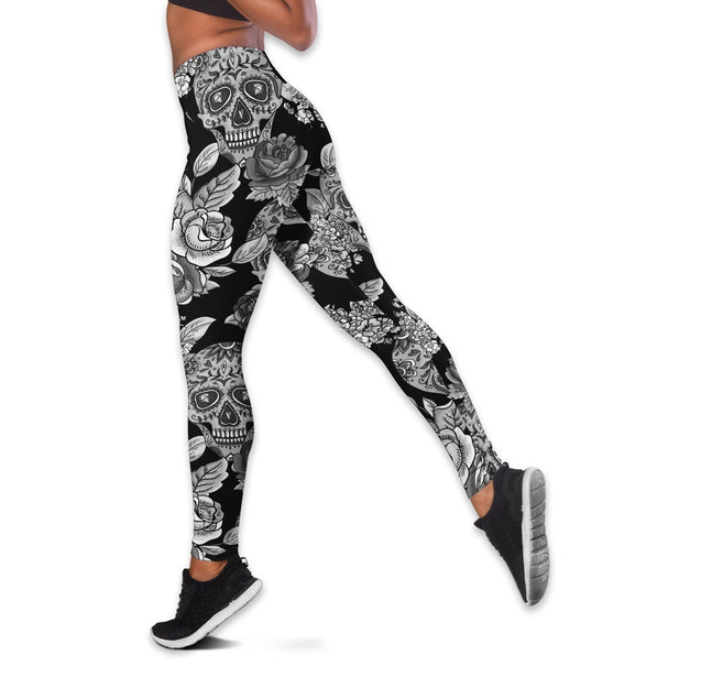 Skull flower tattoos legging + hollow tank combo outfit