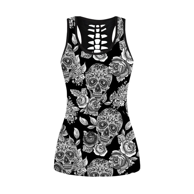 Skull flower tattoos legging + hollow tank combo outfit