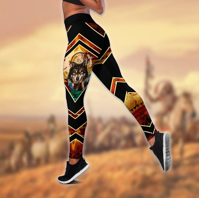 Wolf Native American 3D All Over Printed Legging + Hollow Tank Combo