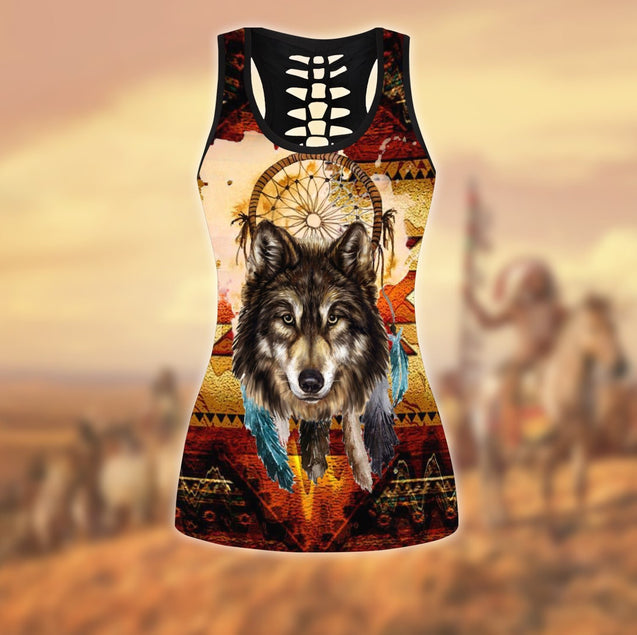 Wolf Native American 3D All Over Printed Legging + Hollow Tank Combo