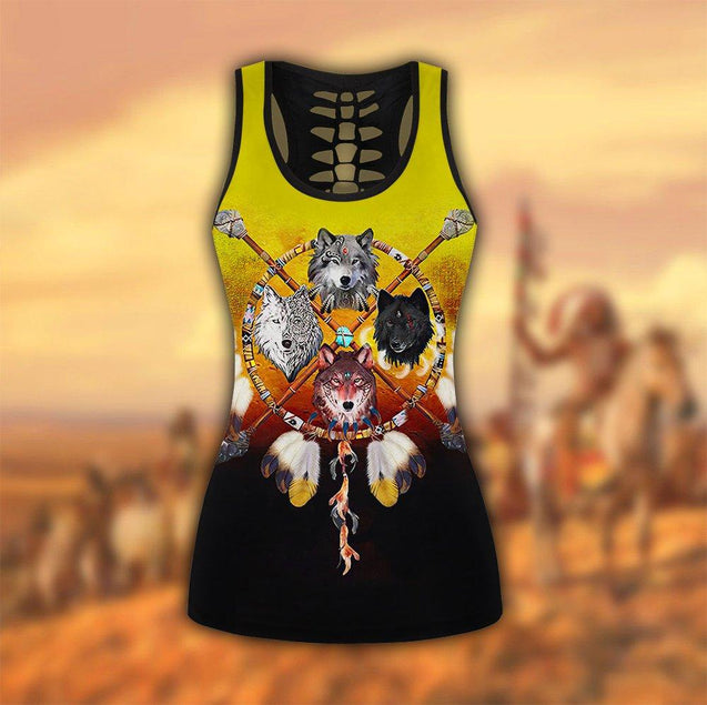 Wolf Native American 3D All Over Printed Legging + Hollow Tank Combo