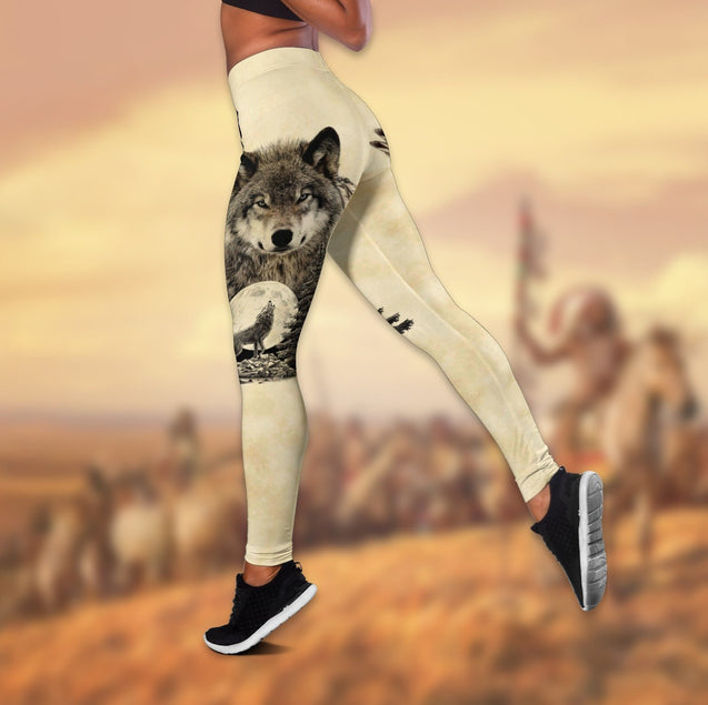 Wolf Native American 3D All Over Printed Legging + Hollow Tank